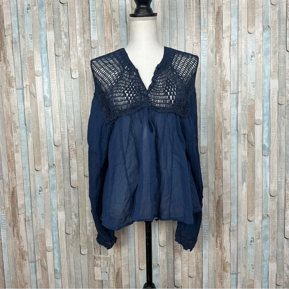 Free People M Navy Blue Gauze Crochet Lace Bib‎ Early Frost Top Blouse Boho
